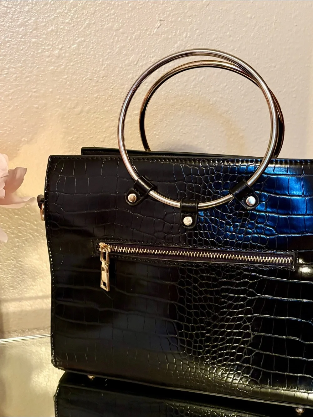 Black Croc-Embossed Ring Handle Tote - Unbranded